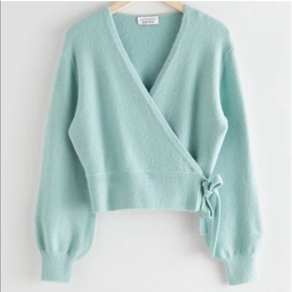 & Other Stories Sweaters - & Other Stories Pastel Turquoise Puff Sleeve Tie Front Wrap Cardigan Size Large
